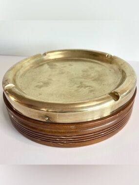 Large Vintage Brass Ashtray with Wooden Base Made in Spain MCM